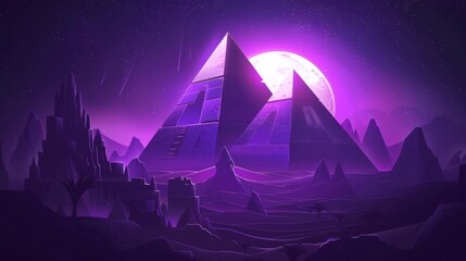 Wall Mural - Cairo dream cityscape with moonlight, neon Egyptian cityscape with pyramid background. Dark cyber architecture in desert landscape. Cairo dream cityscape with a purple ancient environment.