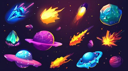 alien ufo and planets isolated on night starry sky background. objects from outer space, destroyed a