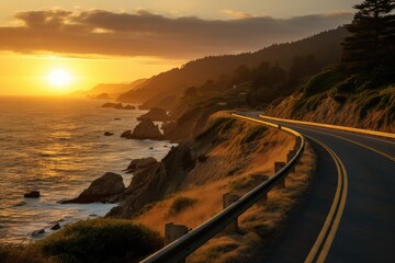 Wall Mural - Sunset drive along a coastal highway with a warm orange glow.