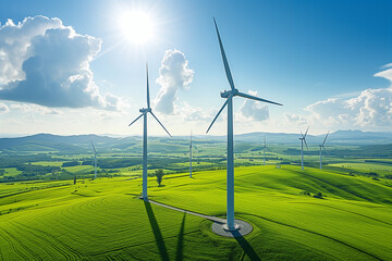 Wall Mural - Wind turbines at a windfarm at a hill on sunset.