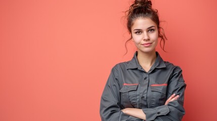 a canadian female wearing a gray work uniform isolated on orange background with copyspace