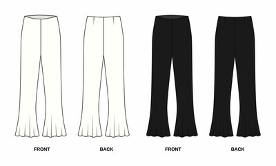 illustration of flared pants front and back view. outline sketch of pants flared to bottom, isolate 