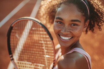 Wall Mural - A young woman tennis player holding a racket in a court.