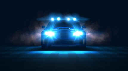 Modern effect of realistic night car light flare isolated on transparent background. Bright vehicle headlight beam glow. 3D spooky dark headlamp lense spotlight of sport race auto.