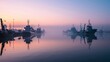 A seaport at dawn, with mist rising from the water and ships anchored in the harbor