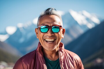 Wall Mural - Portrait of a smiling asian man in his 50s wearing a trendy sunglasses over backdrop of mountain peaks