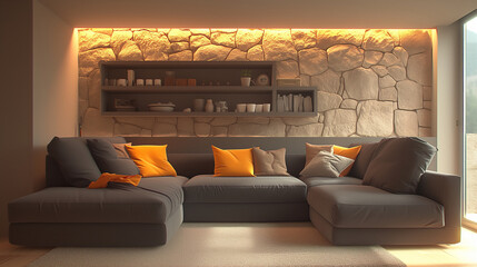 Wall Mural - Living room with a large sectional couch and a stone wall