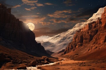 Wall Mural - Mountain pass with a full moon casting shadows.