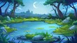 Scenes from a fantasy game landscape with a swamp and swampy lake. Areas with toxicity in a park of 2D wild location. Summer adventure fairytale scene.