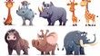 Modern cartoon illustration featuring giraffe, hippo, rhino, lemur, warthog characters standing or walking on white background.