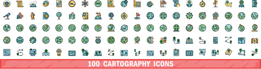 Poster - 100 cartography icons set. Color line set of cartography vector icons thin line color flat on white