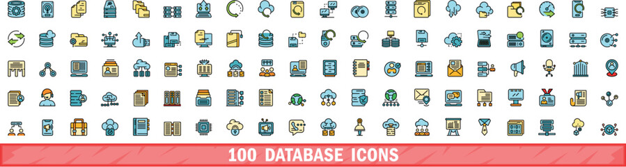 Wall Mural - 100 database icons set. color line set of database vector icons thin line color flat on white