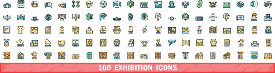 Poster - 100 exhibition icons set. Color line set of exhibition vector icons thin line color flat on white