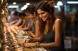 Smiling Young Woman Browsing Jewelry at a Market Stall
