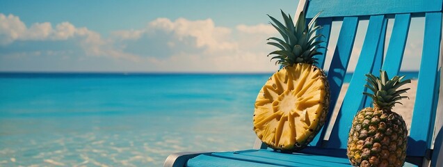 Summer beach concept, chair with ring floating and pineapple on blue background