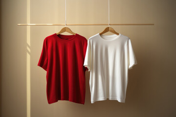 Wall Mural - Red and White T-Shirts Hanging on Rail Against Brick Wall