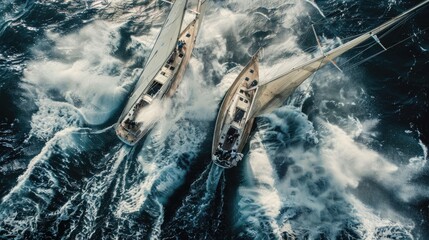 Aerial view of two sailing yachts racing on blue ocean waters, creating dynamic wakes