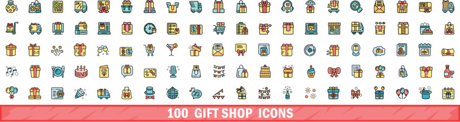 Wall Mural - 100 gift shop icons set. Color line set of gift shop vector icons thin line color flat on white