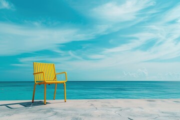 Wall Mural - Yellow chair against turquoise sea water and blue sky background.