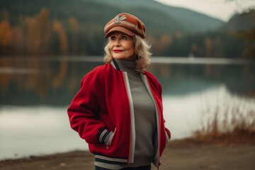 Wall Mural - Portrait of a merry woman in her 60s sporting a stylish varsity jacket isolated on serene lakeside view
