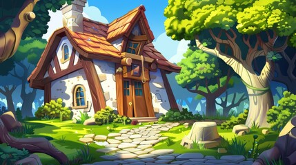 Wall Mural - In a magical forest in a sunny glade sits a quaint old cottage with wooden windows, doors and chimney on the roof. A stone footpath in shadows of tall trees provides the background for a fairytale