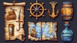 Modern illustration set of corsair UI elements - wooden steering wheel, captain's hat and hook, rum in glass bottle, and old parchment map for sea and ocean adventure games.