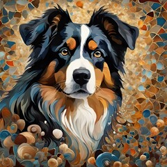 Wall Mural - AI generated illustration of a dog sitting in a garden of mosaic flowers