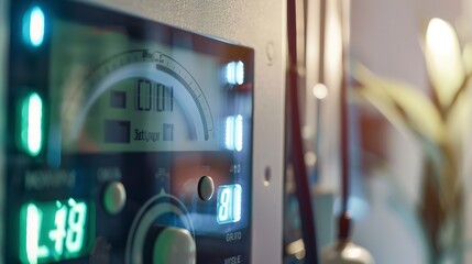 Poster - Detailed view of an electricity usage monitor displaying real-time household power consumption, with focus on digital numbers. 