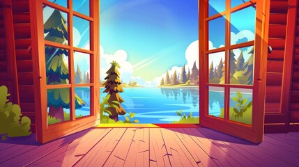Poster - An evergreen fir forest framed by a sunny sky, clouds in the sky, and clear lake water. Modern illustration of a river landscape from a wooden patio.