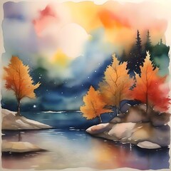 Sticker - AI generated illustration of a watercolor artwork with trees and rocks along a river