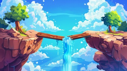 Wall Mural - Modern cartoon illustration of tree trunk lying across gap between rocky cliffs, river water falling, clouds in blue sunny sky, adventure game background.