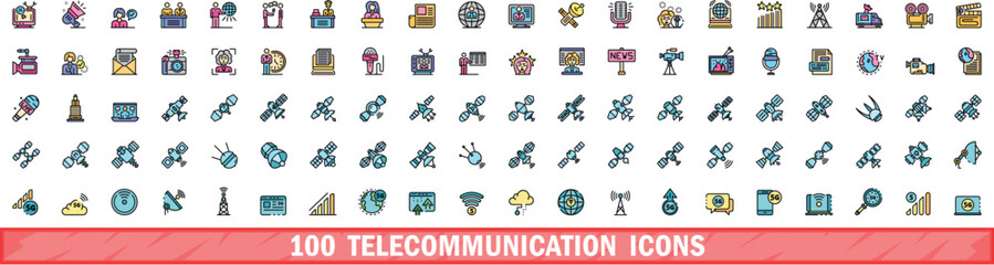 Wall Mural - 100 telecommunication icons set. color line set of telecommunication vector icons thin line color fl