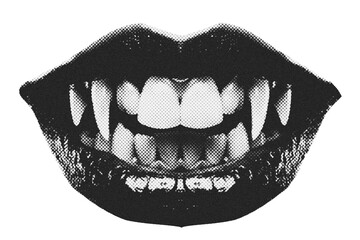 Wall Mural - Halloween vampire dracula mouth with sharp teeth. Trendy grunge collage element