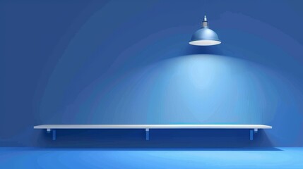 Poster - An empty blue wall with two shelves and a hanging light lamp for displaying products. A realistic modern illustration of a podium illuminated by a spotlight. A mockup of a gallery podium or