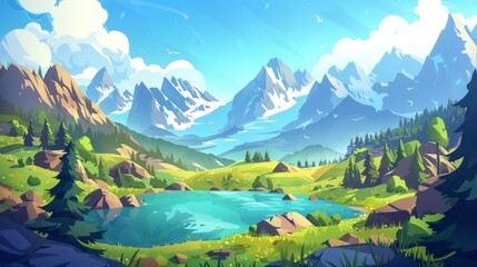 Wall Mural - This is a cartoon summer landscape with lake in forest at the foot of mountains on a sunny day. The pond has blue water with green grass and trees along its shores, high peaks of the hills, and a