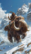 Ancient man riding mammoth in snowy mountains