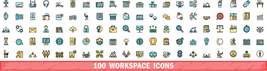 Wall Mural - 100 workspace icons set. color line set of workspace vector icons thin line color flat on white
