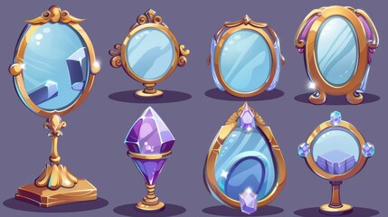 Wall Mural - Vintage glass or gemstone crystal portals isolated on white background. Modern cartoon illustration of witchcraft supply, fortune telling instrument in golden, silver, or wooden frames.