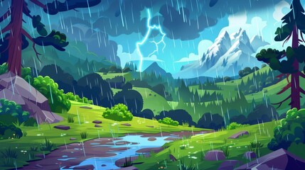 Wall Mural - This modern cartoon illustration shows gloomy cloudy skies with rain in a valley with a footpath, green trees, bushes and grass, lightning bolts and pouring rainfall in a gloomy mountain valley.