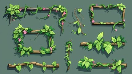 Wall Mural - Cartoon modern set that includes rainforest plant branches with tropical greenery and leafy jungle liana vines in rectangle and circle frames for game user interface design.