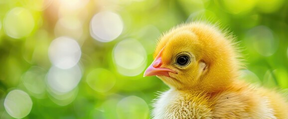 Close up of newborn yellow chicken head and a pink beak on green background, little chicken, chick, yellow feather