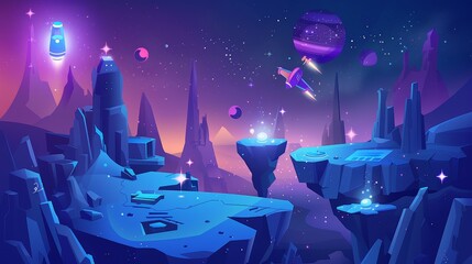 Wall Mural - Floating platforms in space travel game. Modern illustration of celestial galaxy landscape, alien spaceship flying between level stones, stars and lock icons, and asteroids in the distance.