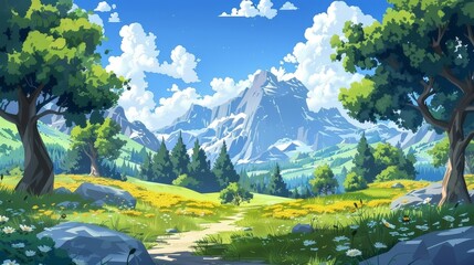 Wall Mural - A mountain valley landscape featuring a forest footpath, old trees, yellow flowers in green grass, rocky peaks, white clouds in a blue sky, a travel background.