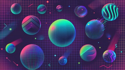 Wall Mural - Poster template with a retro Y2K futuristic style and abstract grid with gradient green shapes on black background. Modern layout with sphere, pattern and typography.