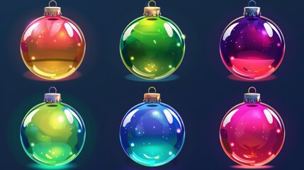 Wall Mural - An intricate modern illustration of colorful Christmas balls with bright sparkles. New Year crystal sphere with twinkles. Winter holiday round bubble ornament.