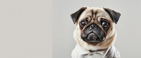 Wall Mural - Cute dog pug breed wearing shirt smile making funny and serious face feeling confused and happiness isolated on white background with copy space,Animal Friendly Concept