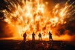 This powerful image captures firefighters in action as they combat a huge fire explosion under a night sky. The scene conveys urgency and bravery.