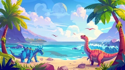 Sticker - The summer island has dinosaurs near the sea and a tropical ocean background scene. An adventure on seaside shore panorama illustration shows palm trees and brachiosaurus.
