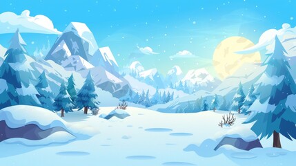 Wall Mural - Snowy winter landscape with trees and rocky high hills. Cartoon modern snowy background with trees and rocky hills with blue sky. Cold north landscape.