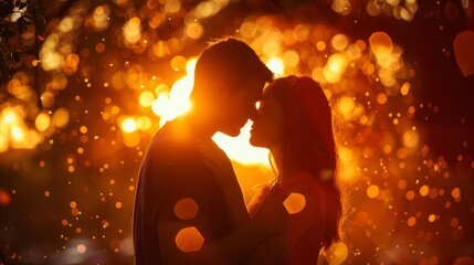 A couple touching foreheads being romantic and kissing while posing under sunlight with a blurry background. Love and relationships outdoors.